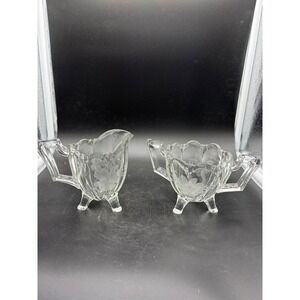 Vintage Indiana Etched Glass Footed Open Sugar & Creamer Set